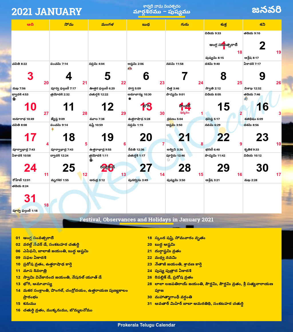Telugu Calendar 2021, January