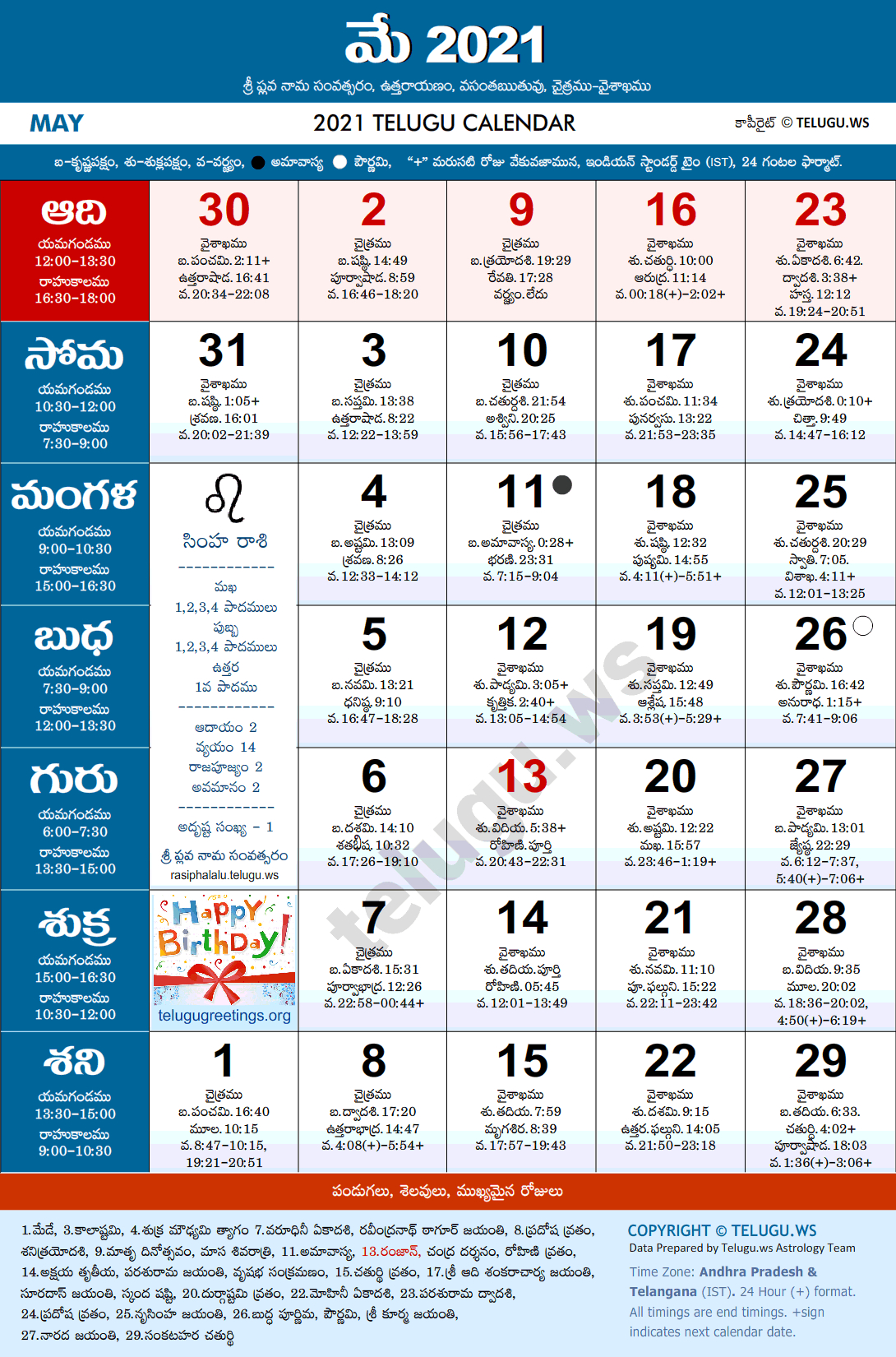 Telugu Calendar 2021 May Pdf Print With Festivals