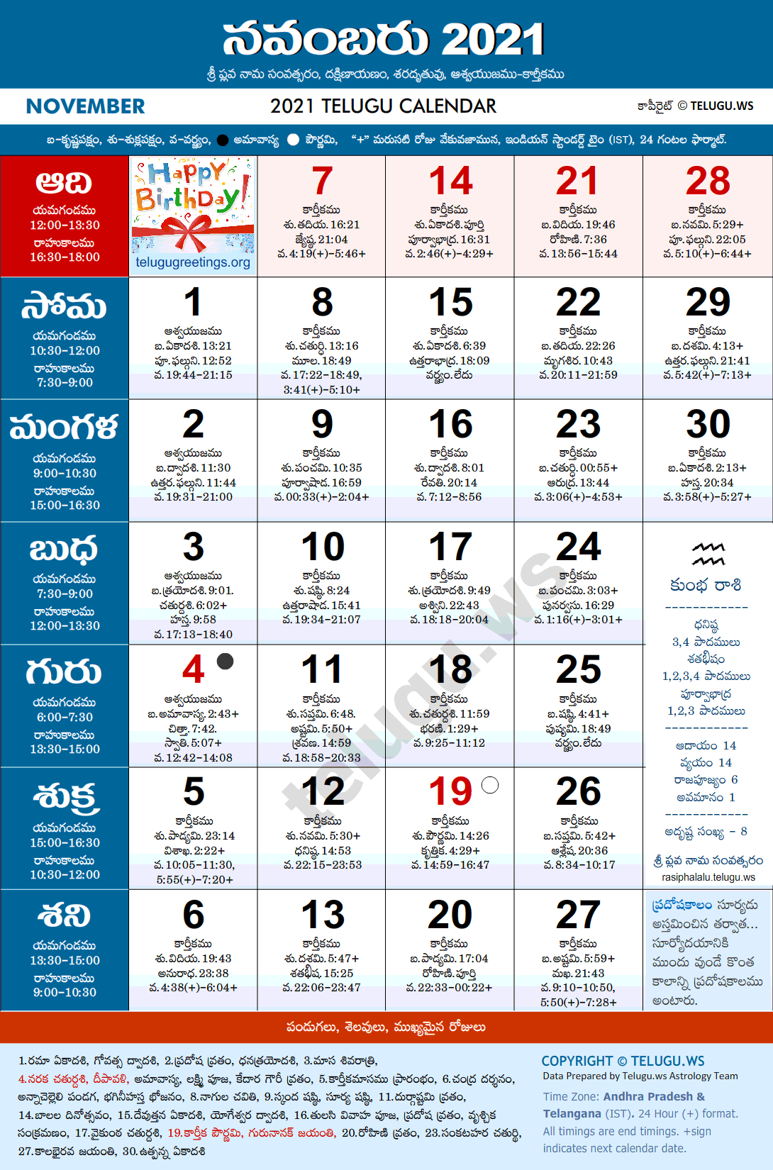 Telugu Calendar 2021 November Pdf Print With Festivals