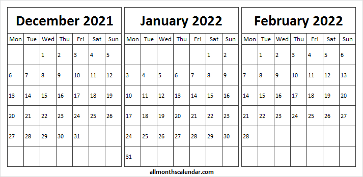 Three Month Calendar December 2021 To February 2022 - To