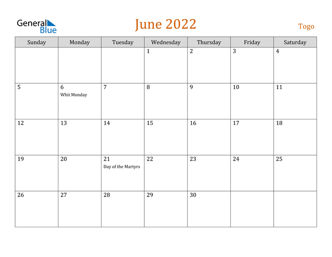 Togo June 2022 Calendar With Holidays