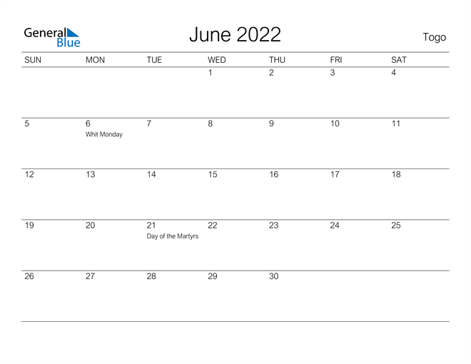Togo June 2022 Calendar With Holidays