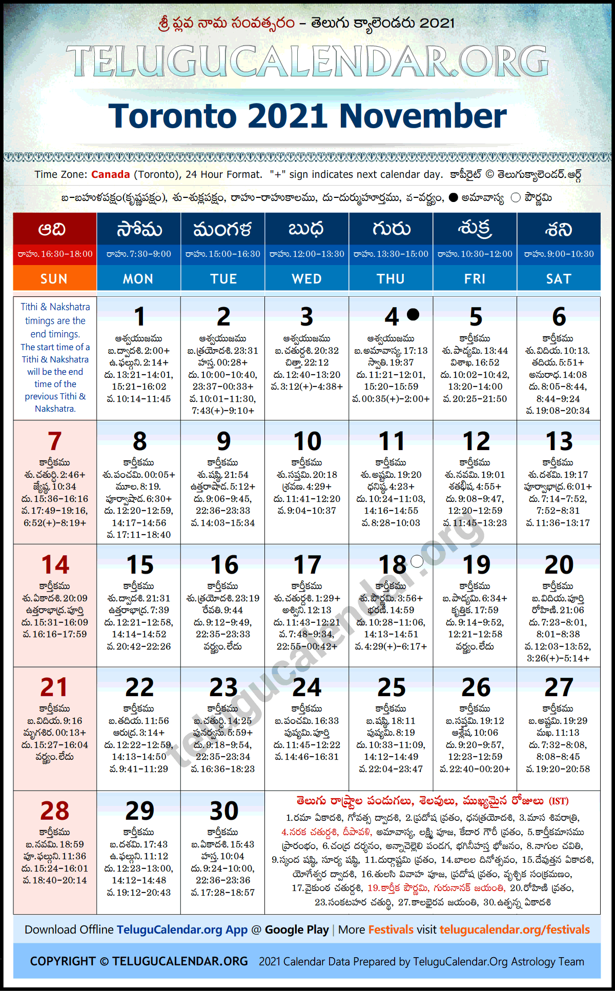 Toronto 2021 November Telugu Calendar Festivals &amp; Holidays
