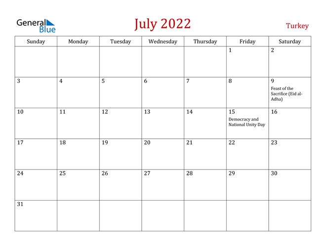 Turkey July 2022 Calendar With Holidays