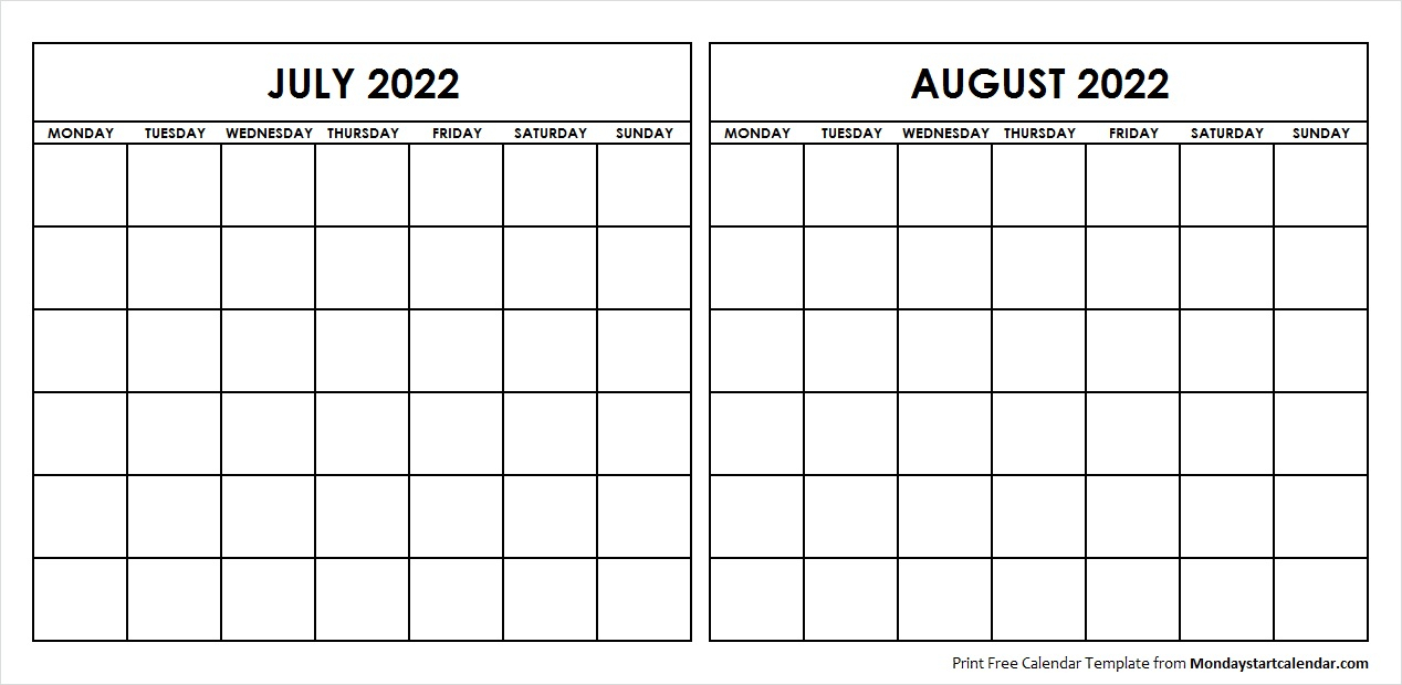 Two Month July August 2022 Calendar Blank Template