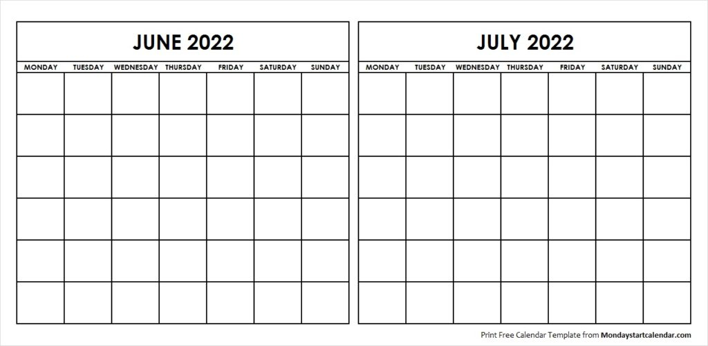 Two Month June July 2022 Calendar Blank | Two Months Template