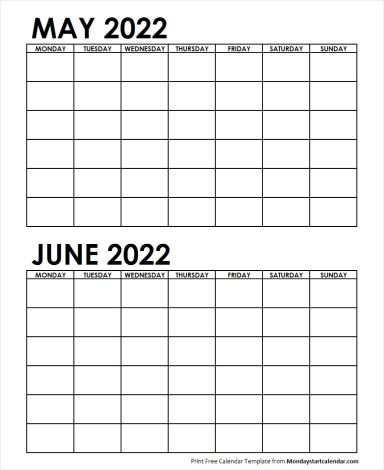 Two Month May June 2022 Calendar Blank | Two Months Template