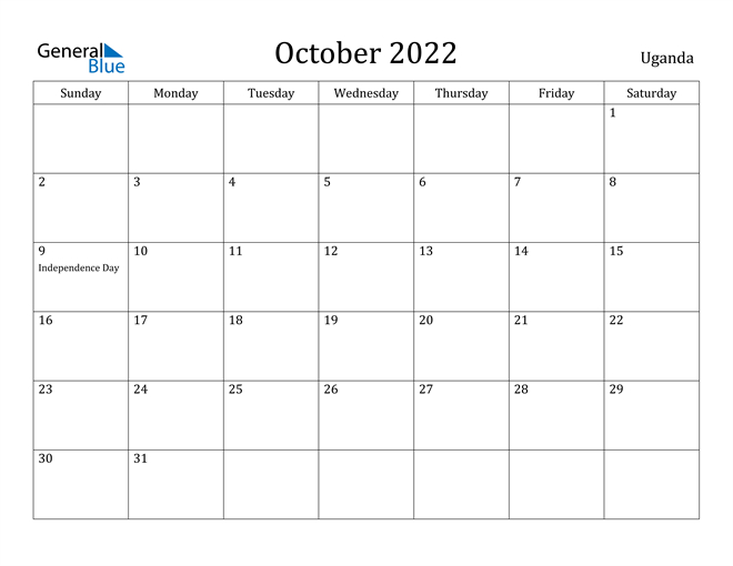 Uganda October 2022 Calendar With Holidays