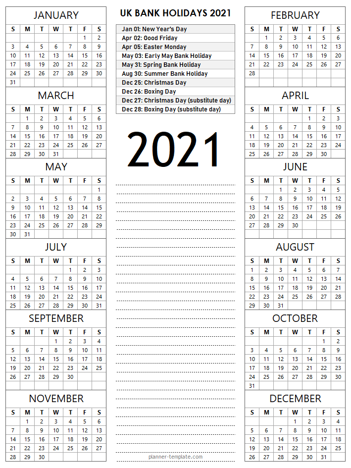 Uk Holiday 2021 Calendar Template - School, Bank, Public