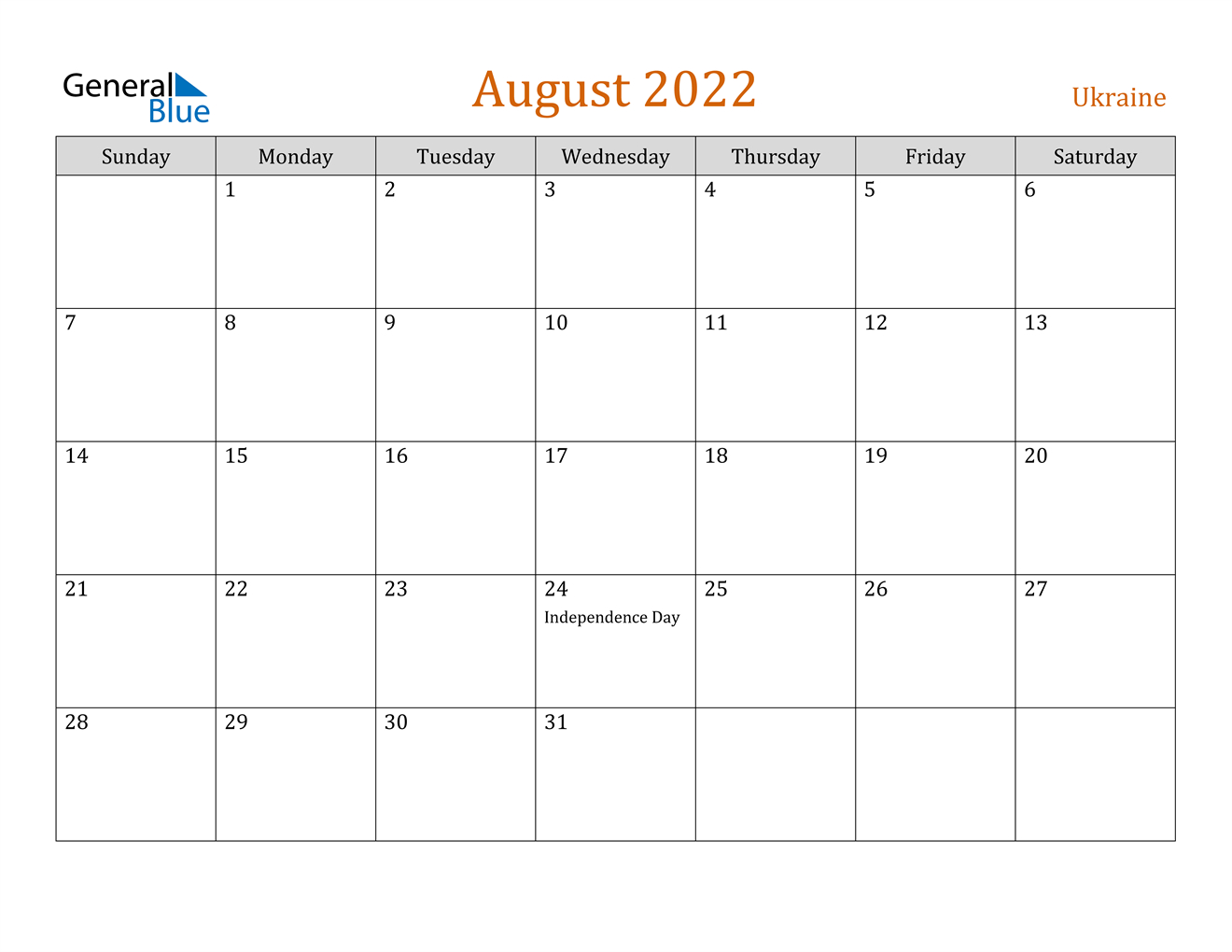 Ukraine August 2022 Calendar With Holidays