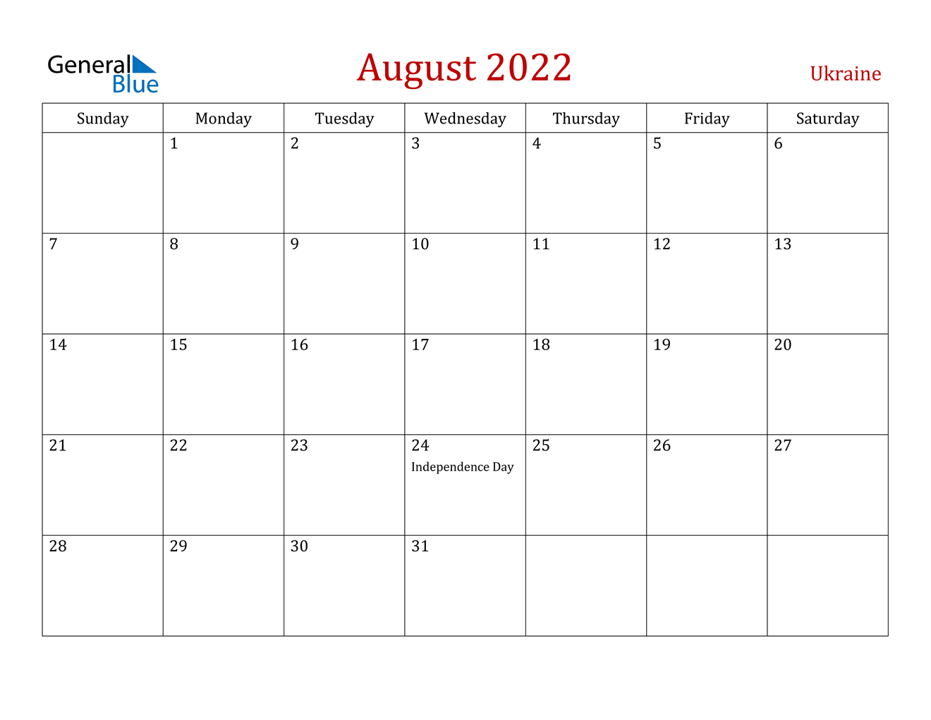 Ukraine August 2022 Calendar With Holidays