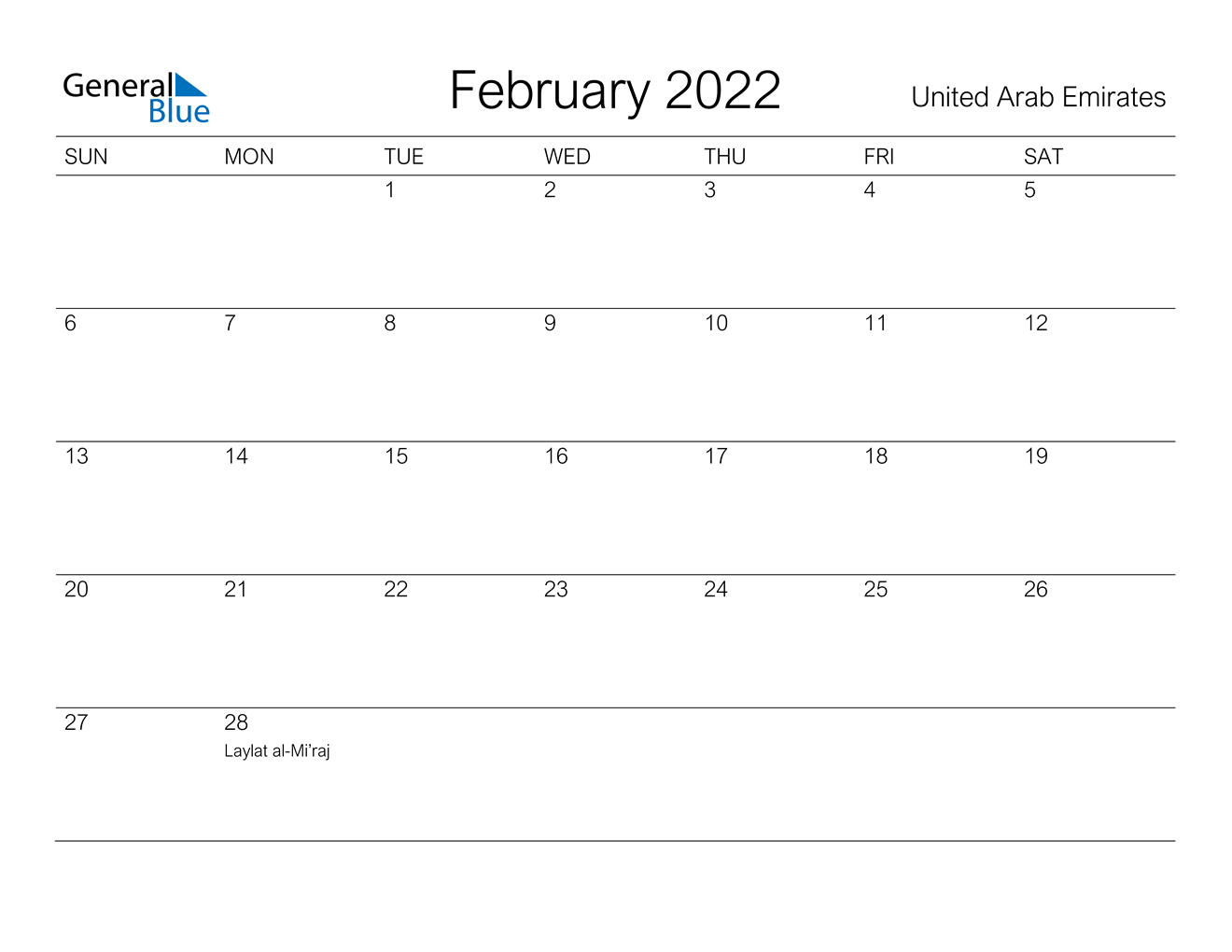 United Arab Emirates February 2022 Calendar With Holidays