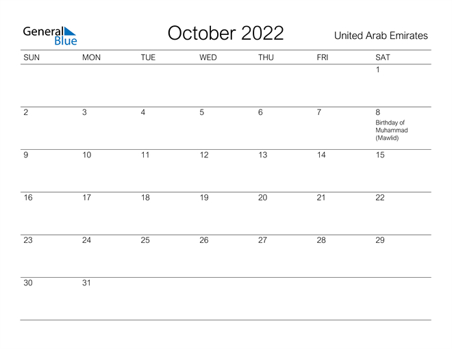 United Arab Emirates October 2022 Calendar With Holidays