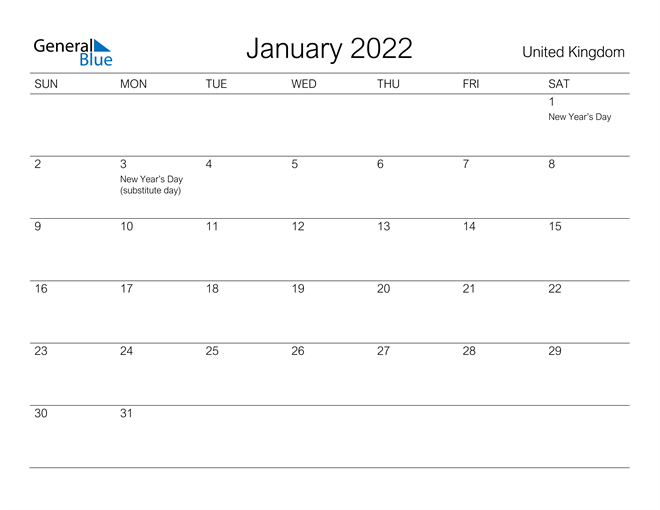 United Kingdom January 2022 Calendar With Holidays