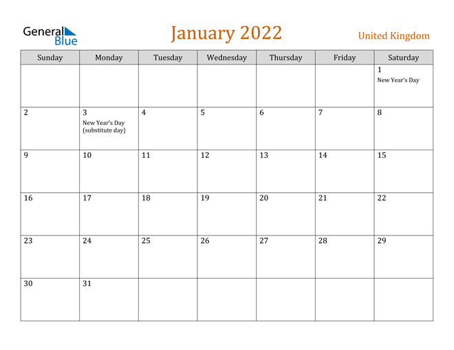 United Kingdom January 2022 Calendar With Holidays