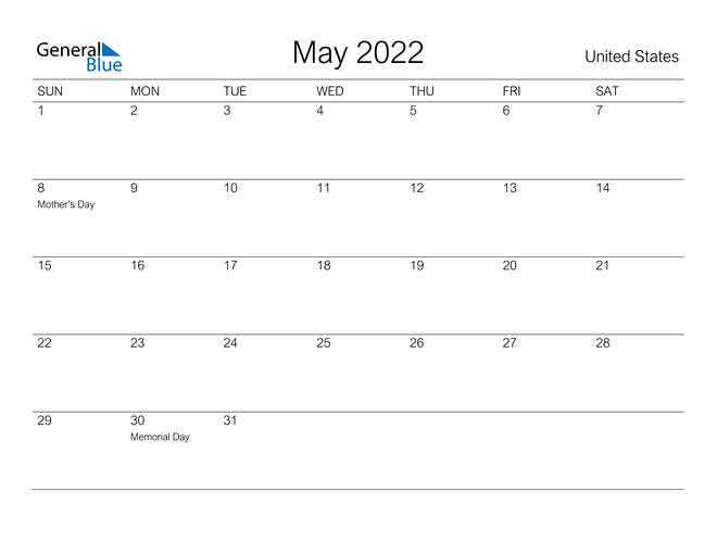 United States May 2022 Calendar With Holidays