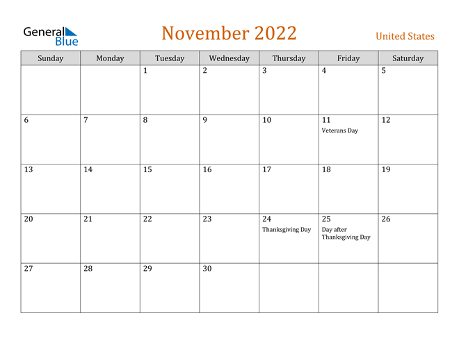 United States November 2022 Calendar With Holidays