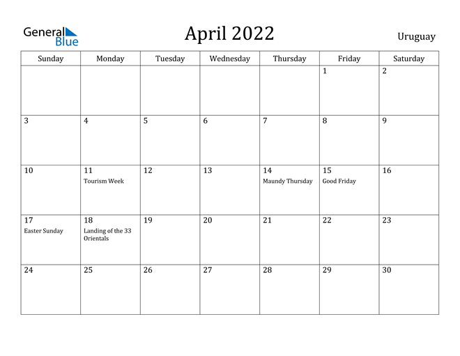 Uruguay April 2022 Calendar With Holidays