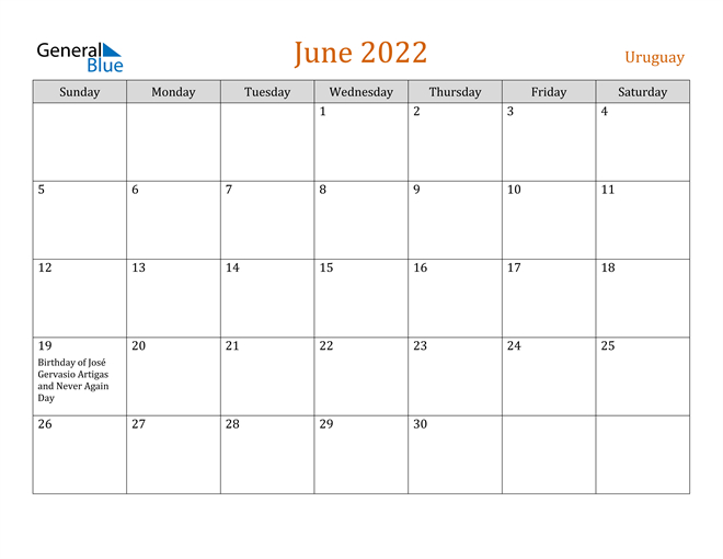 Uruguay June 2022 Calendar With Holidays