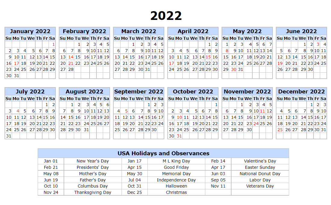 Us 2022 Calendar With Holidays, Festivals | Calendar 2022