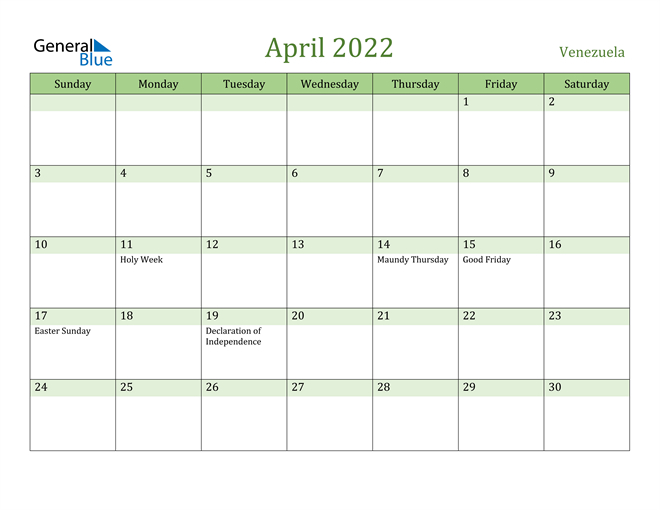Venezuela April 2022 Calendar With Holidays