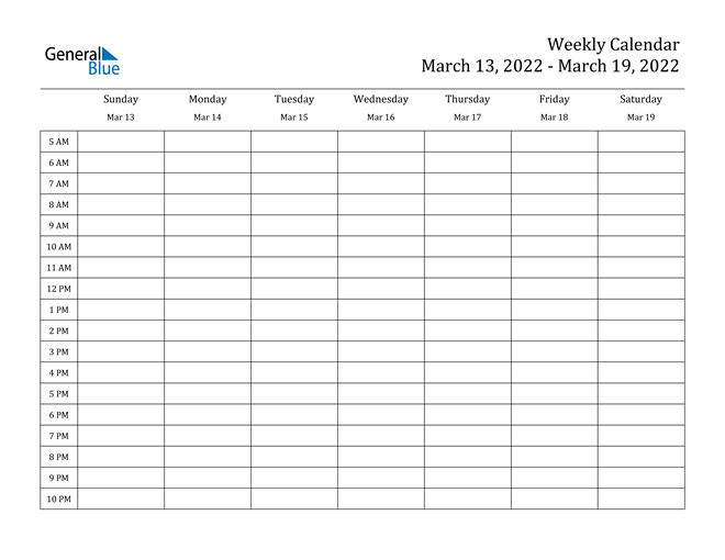 Weekly Calendar - March 13, 2022 To March 19, 2022 - (Pdf