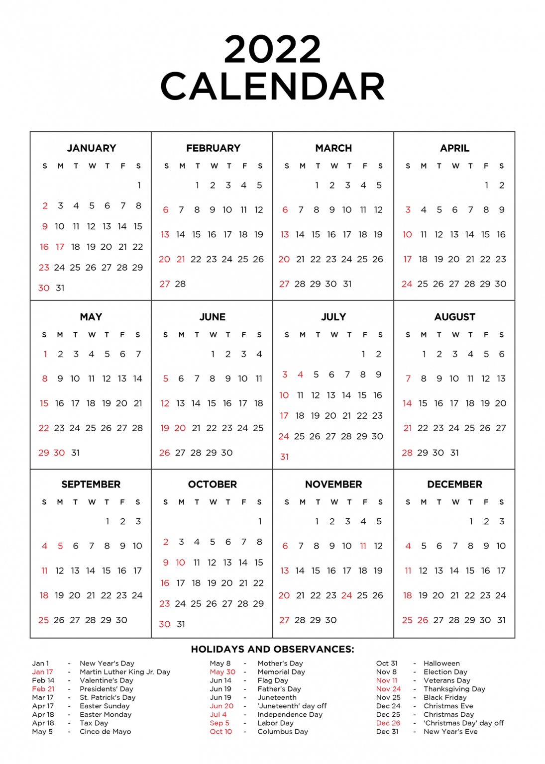 Year 2022 Calendar Printable With Holidays - Kis Study