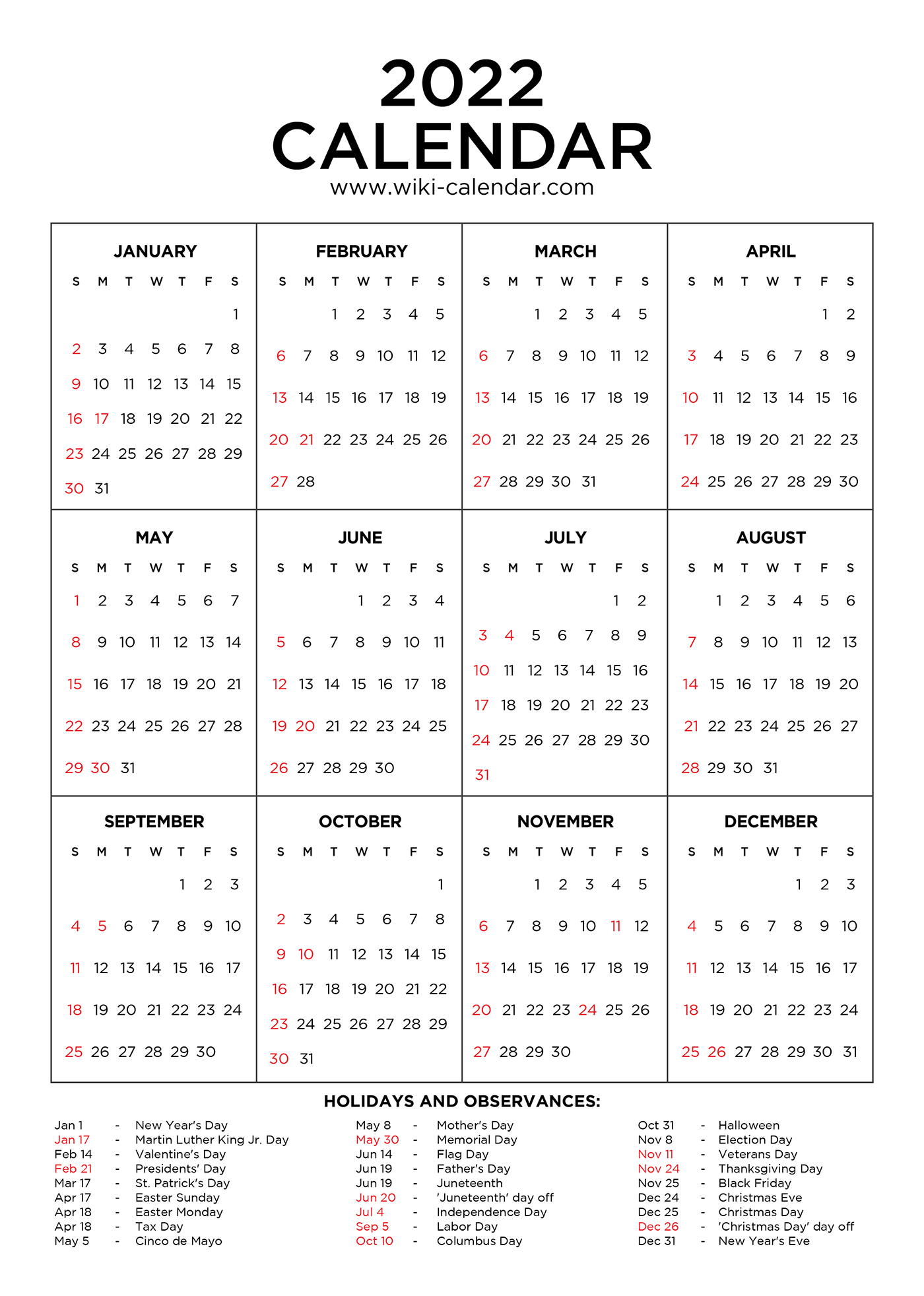 Year 2022 Calendar Printable With Holidays