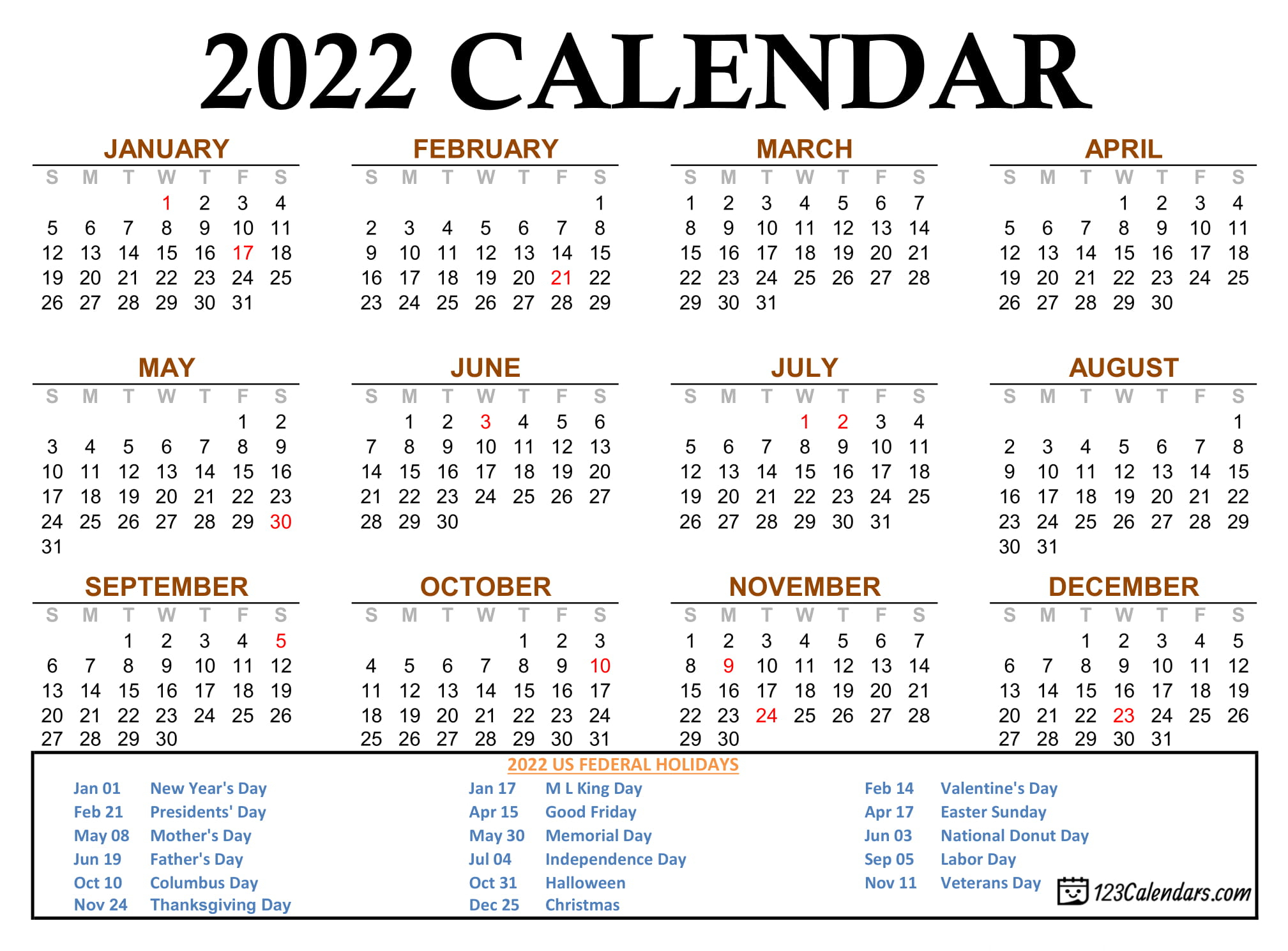 Year 2022 Calendar Templates | 123Calendars
