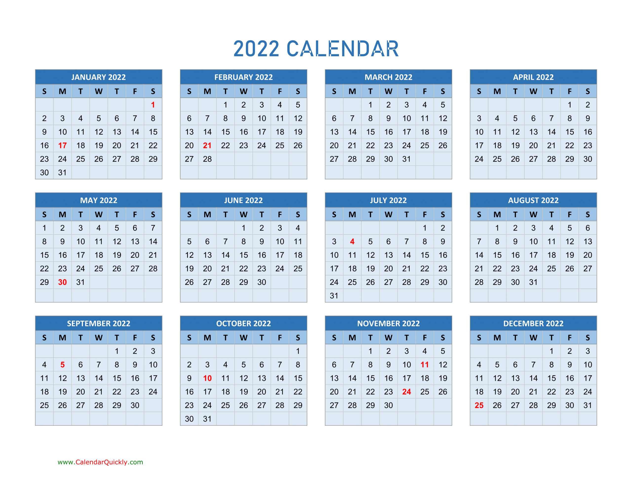 Year 2022 Calendars | Calendar Quickly