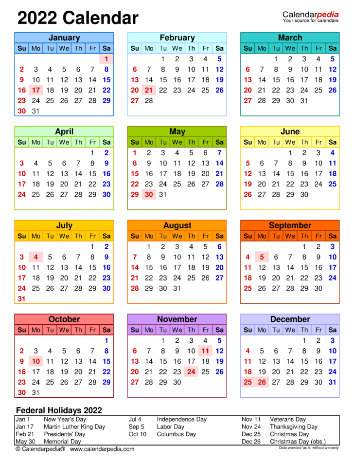 Yearly 2022 Printable Calendar | Free Letter Templates