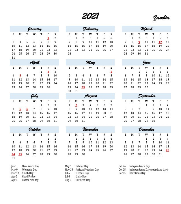 Zambia 2021 Calendar With Holidays - 2021Printablecalendar