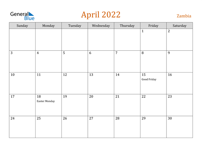 Zambia April 2022 Calendar With Holidays