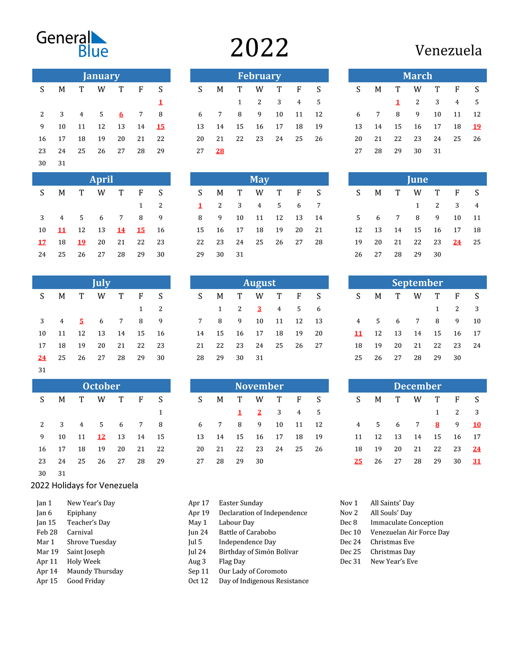 Zodiac Calendar 2022 Venezuela