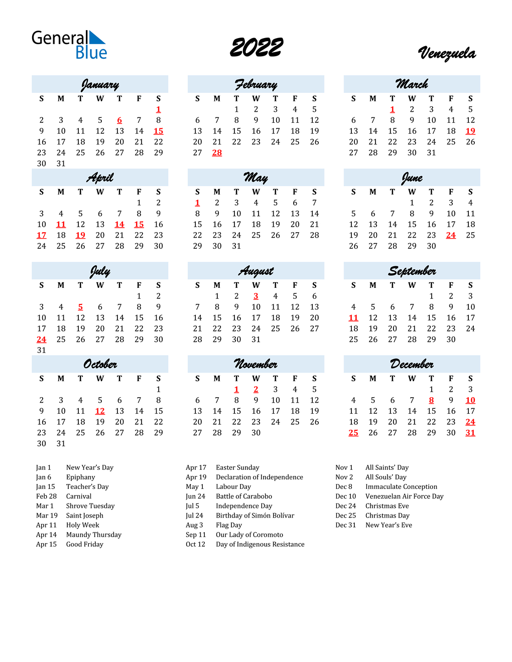 Zodiac Calendar 2022 Venezuela
