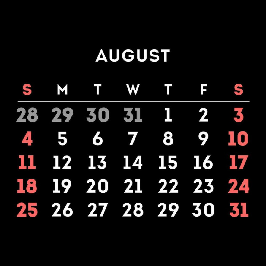 August  month calendar. Vector illustration