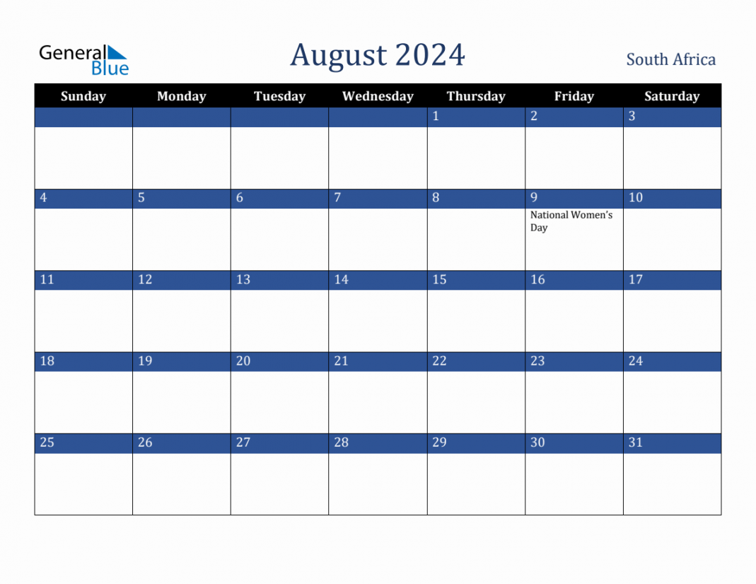 August  South Africa Holiday Calendar