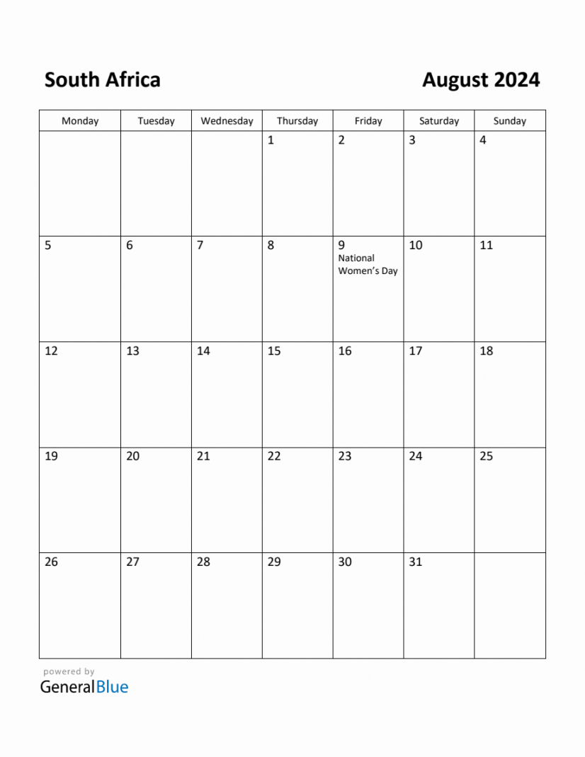 Free Printable August  Calendar for South Africa