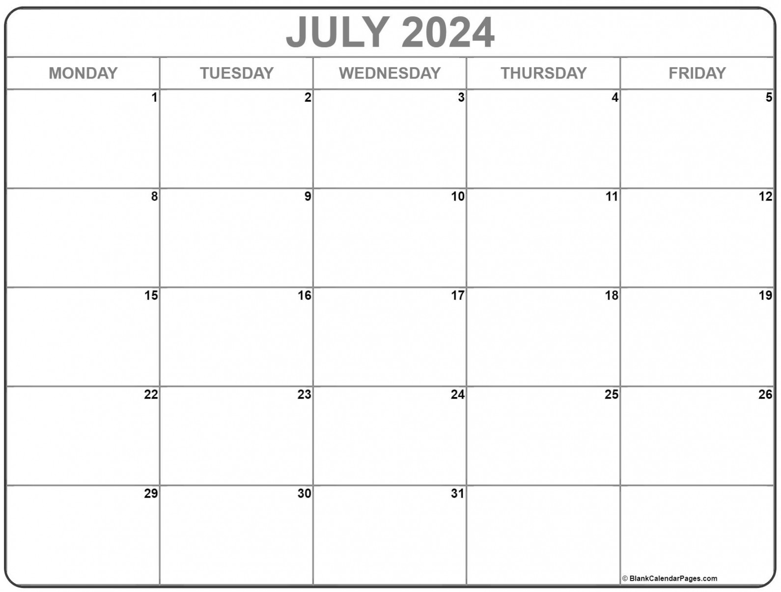 July  Monday Calendar  Monday to Sunday