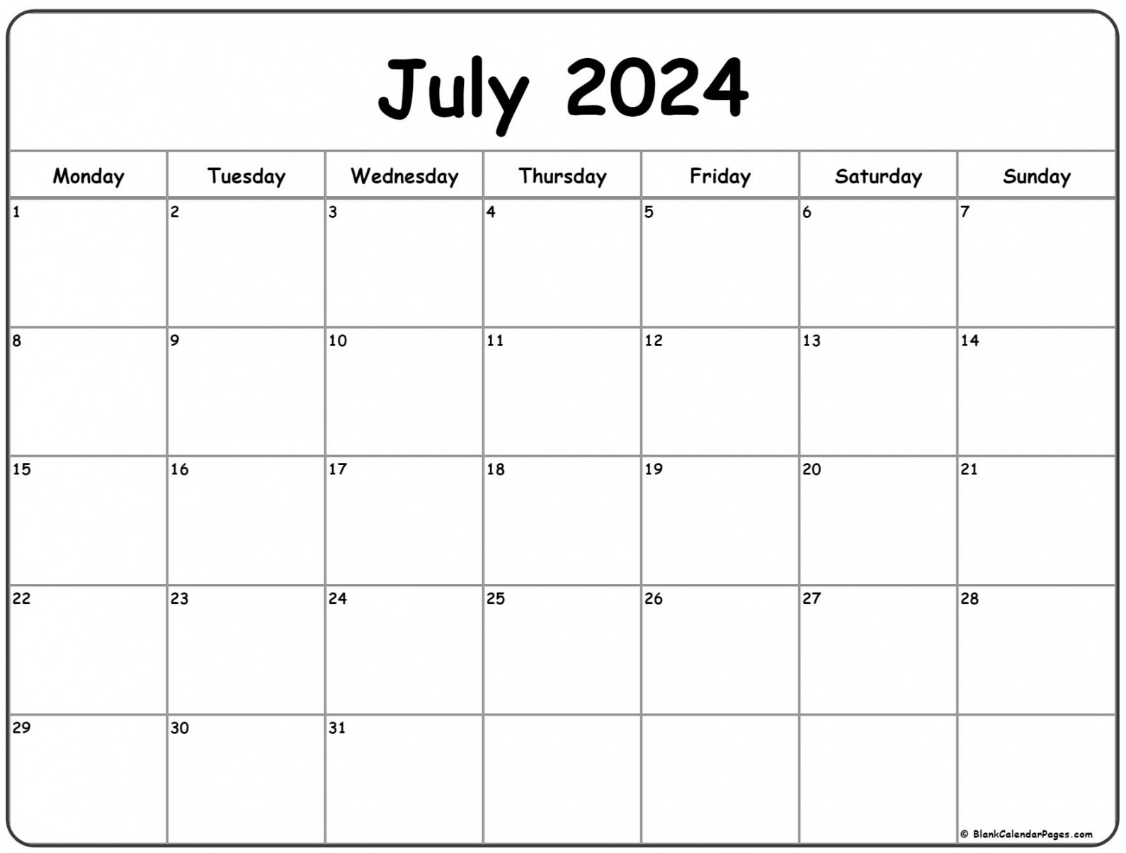 July  Monday Calendar  Monday to Sunday