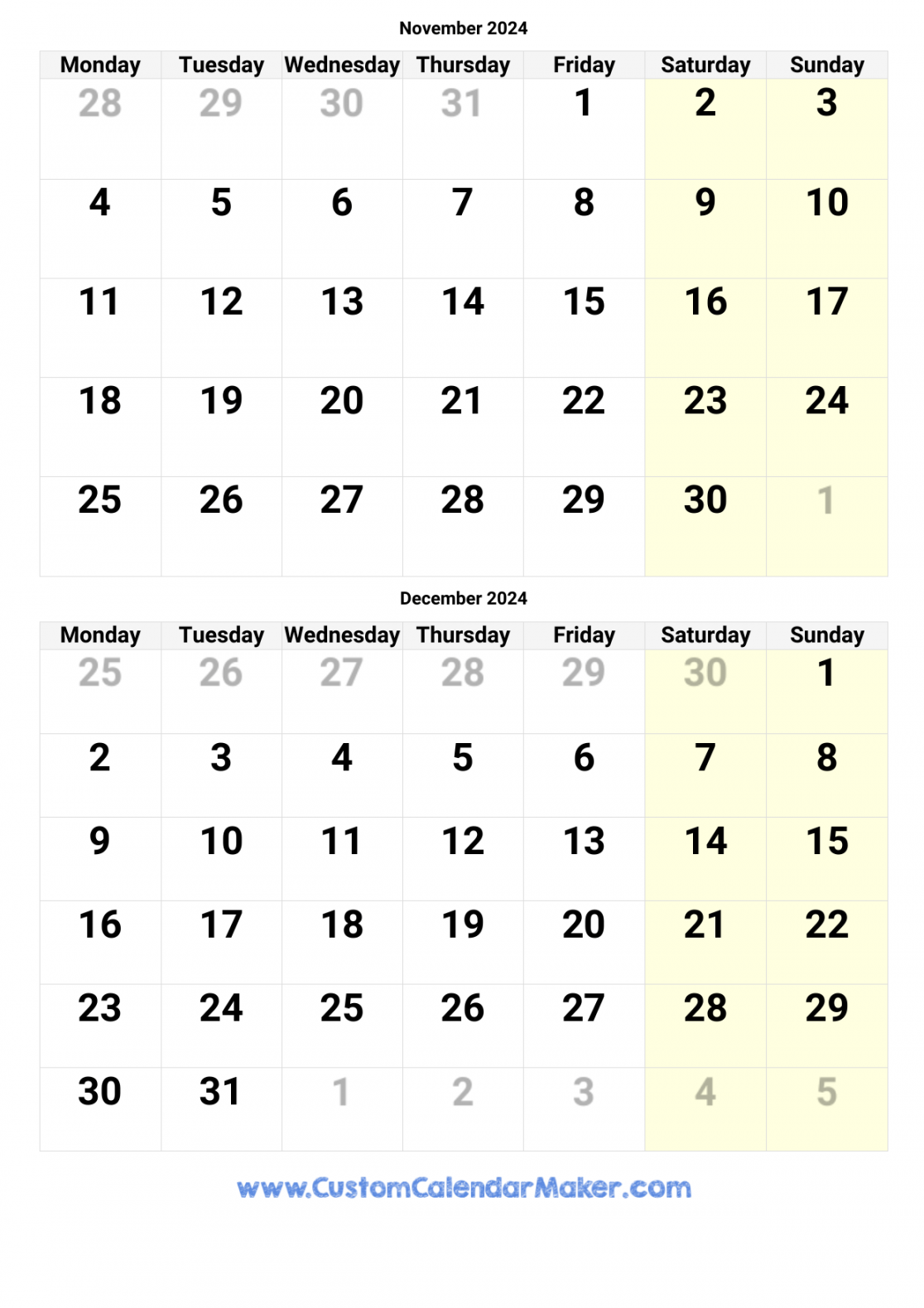 November and December  Printable Calendar Template