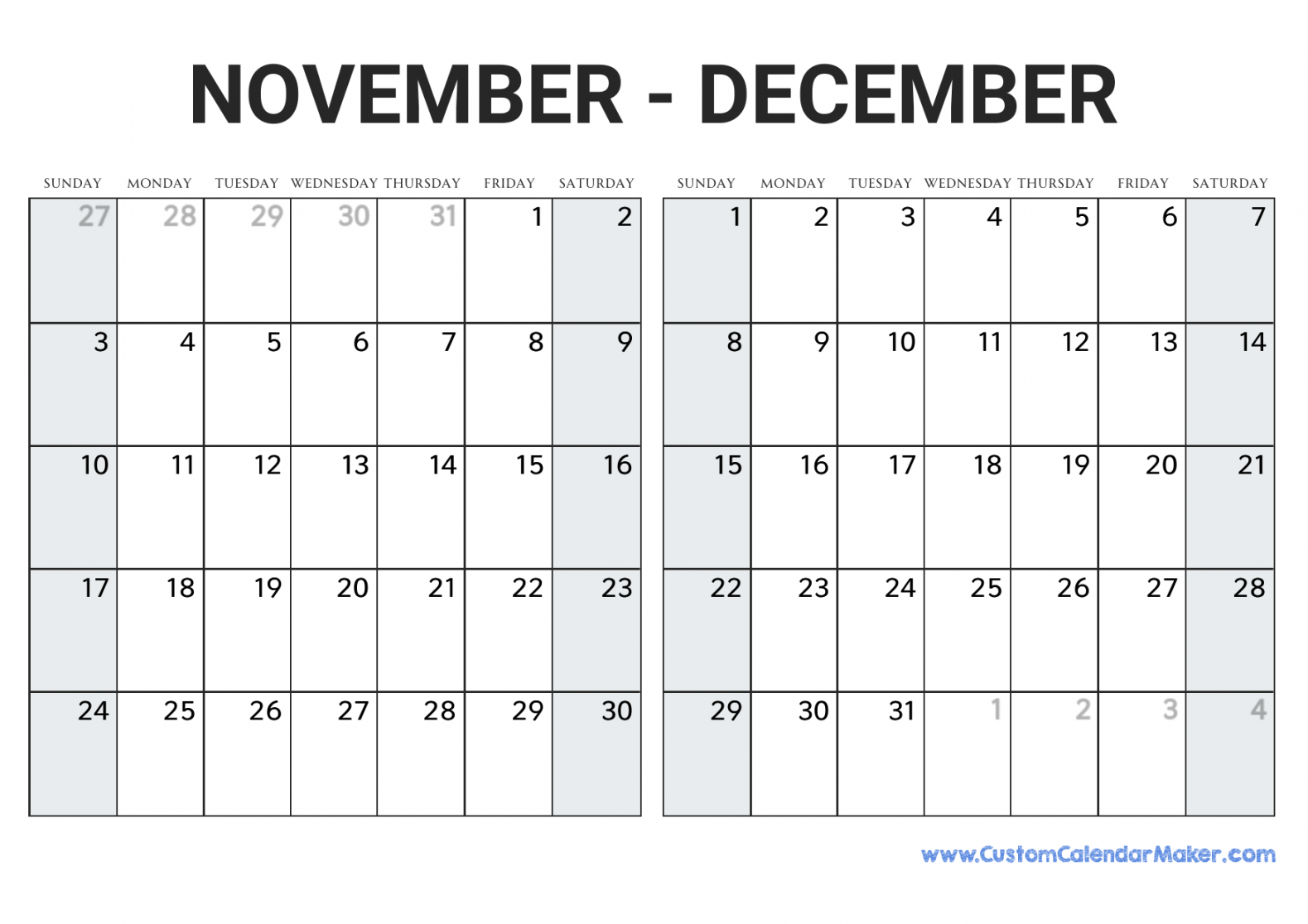 November and December  Printable Calendar Template