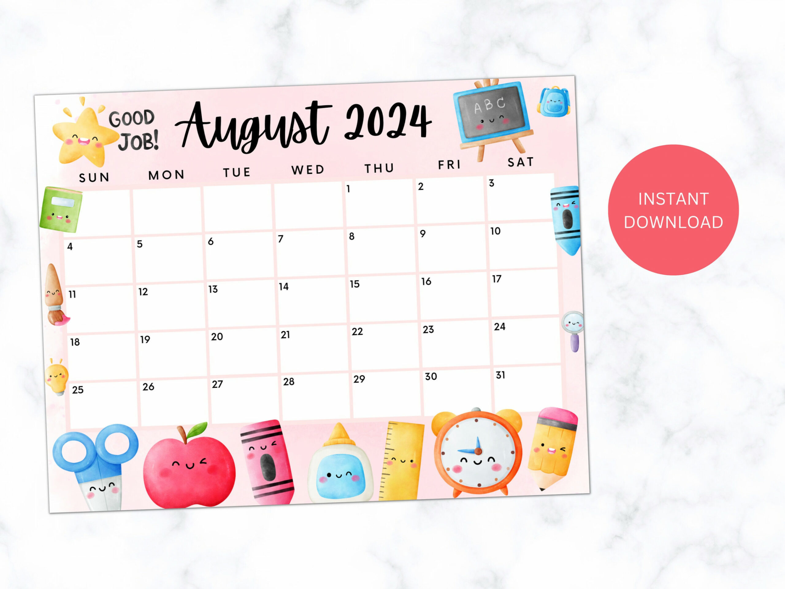 Printable August  Calendar, Editable Calendar , Back to