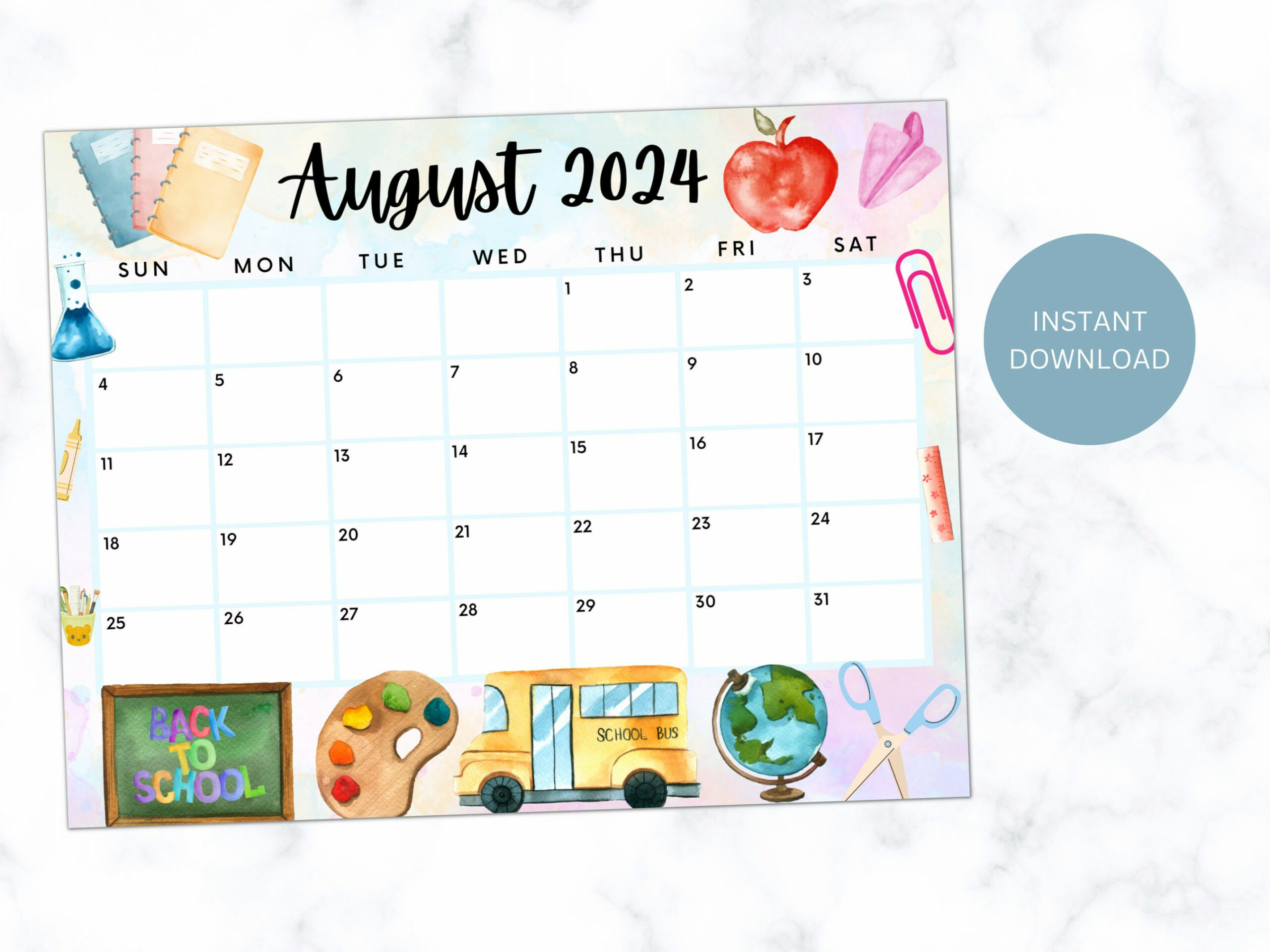 Printable August  Calendar, Editable Calendar , Cute Back