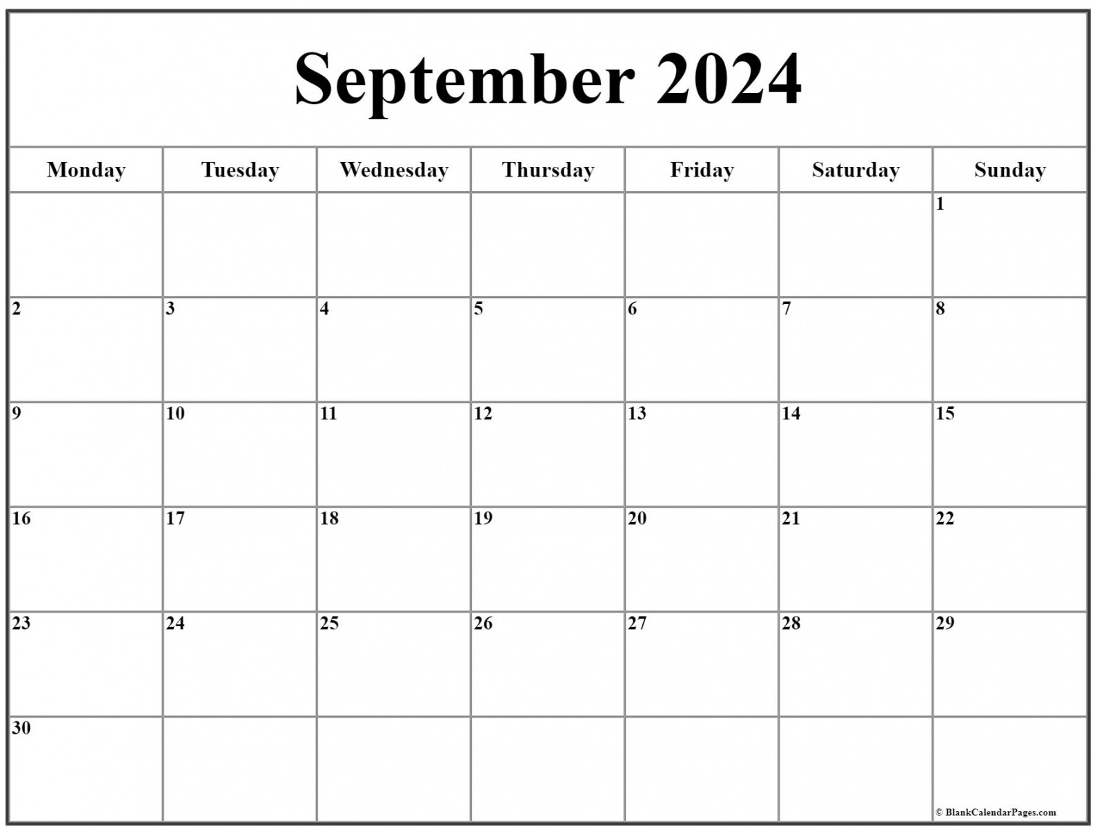 September  Monday Calendar  Monday to Sunday