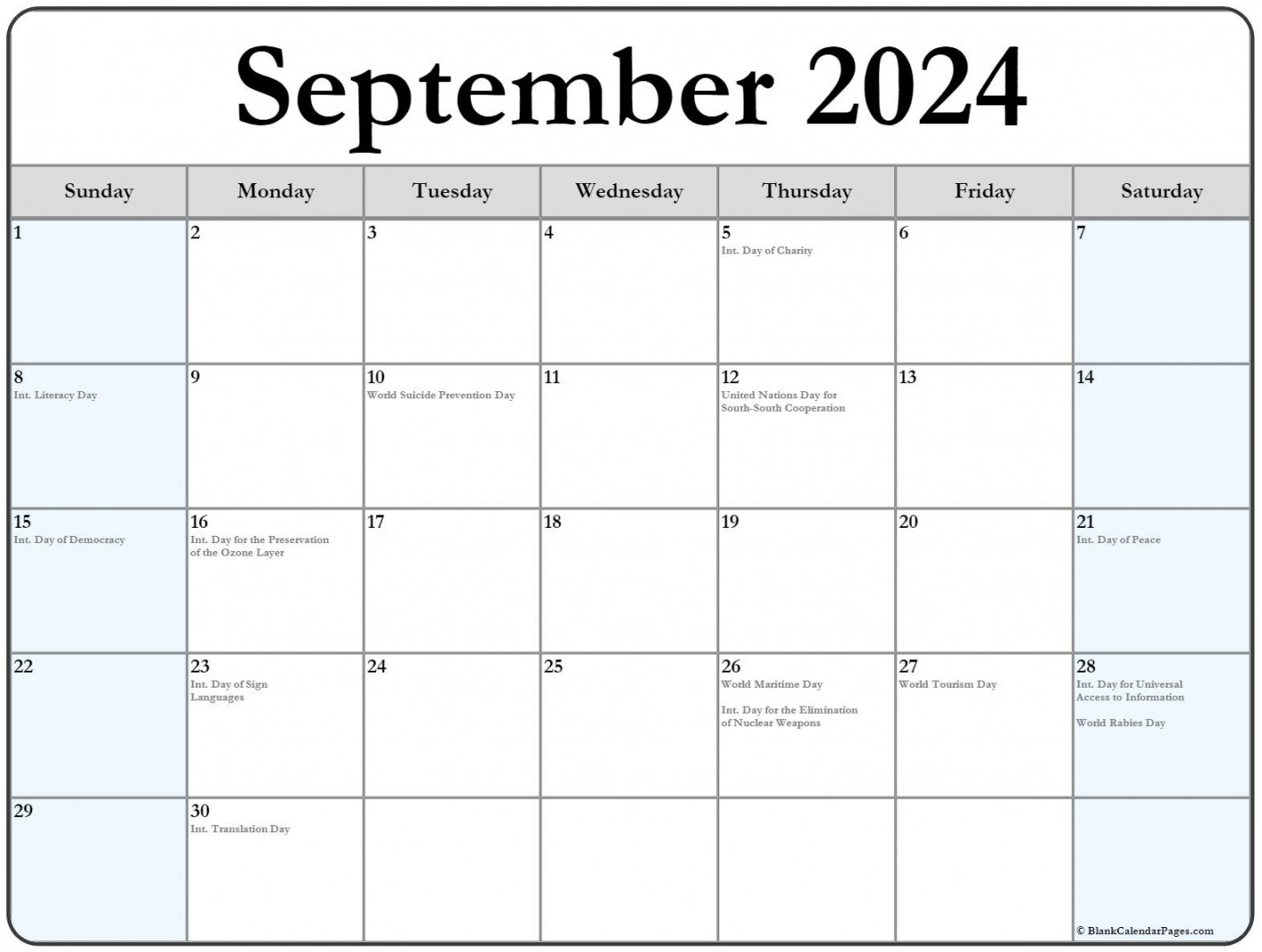 September  with holidays calendar