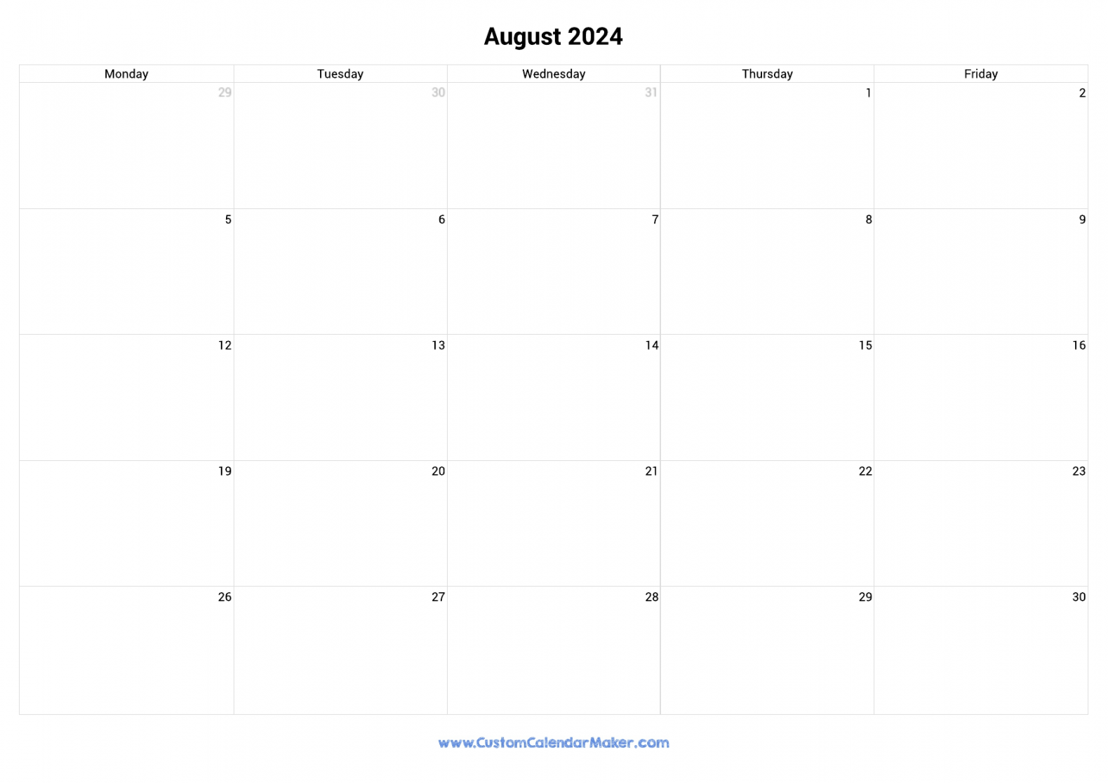 August  Calendar Weekdays Only  Monday to Friday