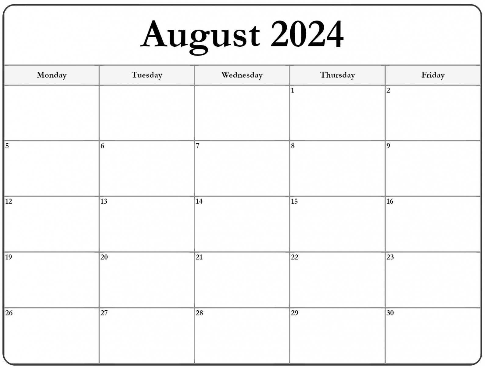 August  Monday Calendar  Monday to Sunday