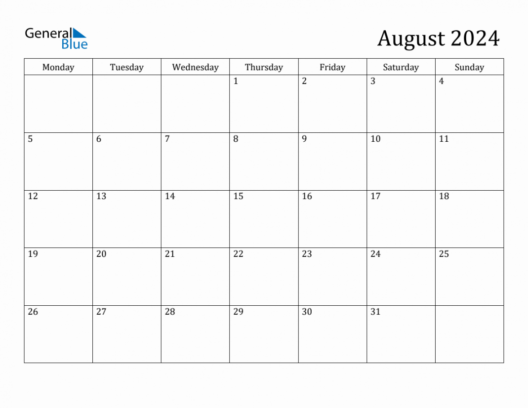 August  Monday Start Calendar (PDF, Excel, Word)