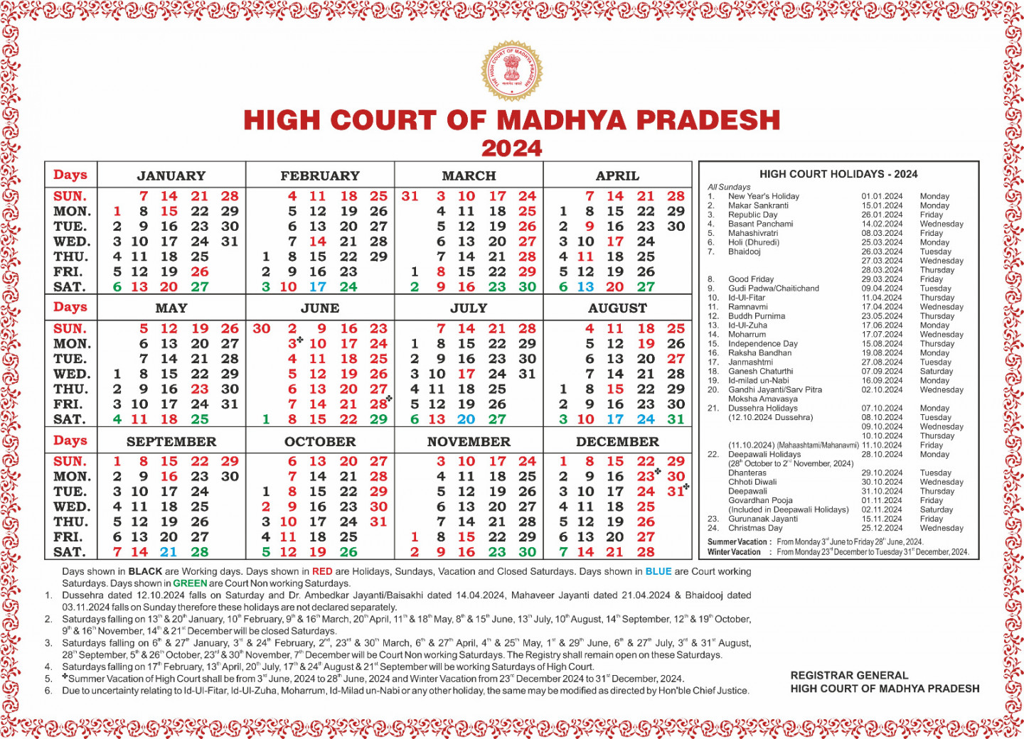 Calendar  District Court MP, Calendar  Madhya Pradesh